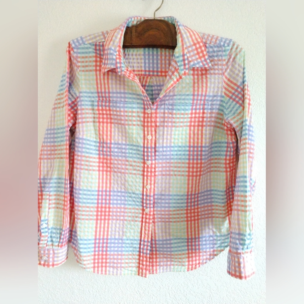 L.L. Bean Women's Colorful Gingham Button Front Shirt Rainbow Multicolor PS SP
